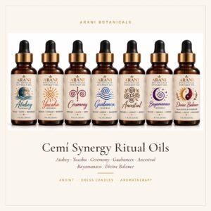 Seven Arani Botanicals Cemí Synergy Oil dropper bottles: Atabey, Yucahu, Ceremony, Guabancex, Ancestral, Bayamanaco and Divine Balance
