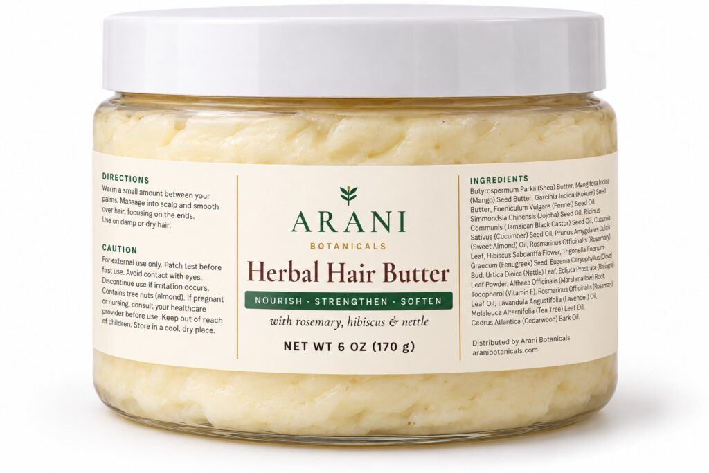 Arani Botanicals Herbal Hair Butter, 6 oz clear jar with white lid
